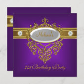 21歳の誕生日パープルエレガントレースホワイト金ゴールド 招待状 (正面/裏面)