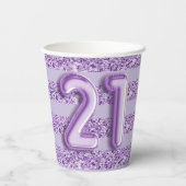 21歳の誕生日パープルグリッターストライプバルーンタイプ 紙コップ (裏面)