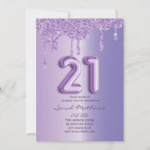 21歳の誕生日パープルグリッタードリップバルーンスクリプト 招待状 (正面)