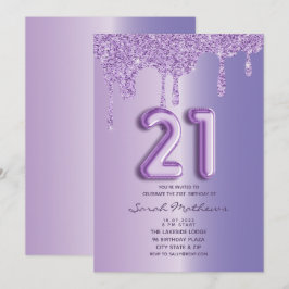 21歳の誕生日パープルグリッタードリップバルーンスクリプト 招待状