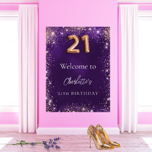 21歳の誕生日パープルグリッター歓迎 ポスター