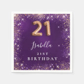 21歳の誕生日パープルバラ金ゴールド名 スタンダードカクテルナプキン (正面)