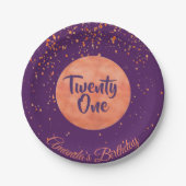 21歳の誕生日パープルバラ金ゴールド紙吹雪名 ペーパープレート (正面)