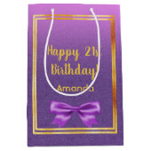 21歳の誕生日パープルピンクグリッター名 ミディアムペーパーバッグ (正面)