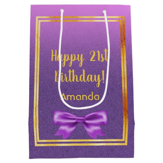 21歳の誕生日パープルピンクグリッター名 ミディアムペーパーバッグ (裏面)