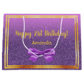 21歳の誕生日パープルピンクグリッター名 ラージペーパーバッグ (正面)