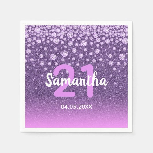 21歳の誕生日パープルフェイクピンクグリッターダイヤモンド スタンダードカクテルナプキン (正面)