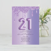 21歳の誕生日パープルラメドリップバルーン文字 招待状 (スタンド正面)