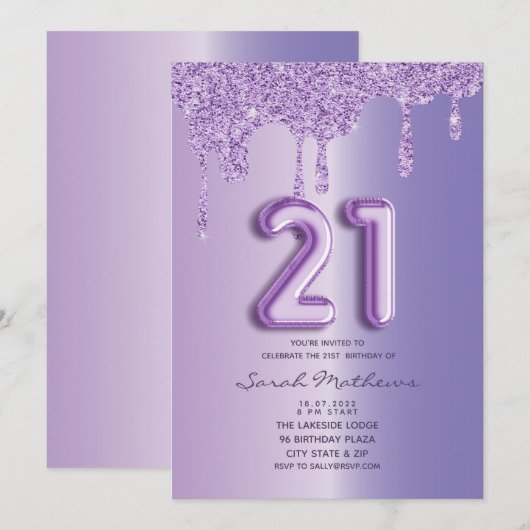 21歳の誕生日パープルラメドリップバルーン文字 招待状 (正面/裏面)