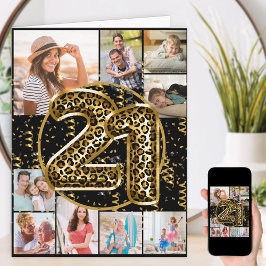 21歳の誕生日ヒョウ柄ゴールドバルーン 写真入り カード