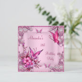 21歳の誕生日ピンクかわいらしフローラバタフライシルバー 招待状 (スタンド正面)