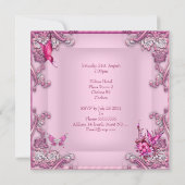 21歳の誕生日ピンクかわいらしフローラバタフライシルバー 招待状 (裏面)