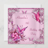 21歳の誕生日ピンクかわいらしフローラバタフライシルバー 招待状 (正面)