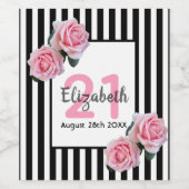 21歳の誕生日ピンクのバラの白黒ストライプ ワインラベル (シングルラベル)