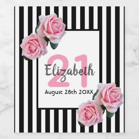 21歳の誕生日ピンクのバラの白黒ストライプ ワインラベル (シングルラベル)