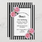 21歳の誕生日ピンクのバラの白黒ストライプ 招待状 (正面/裏面)