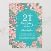 21歳の誕生日ピンクのフローラ花ティール（緑がかった色）背景 招待状 (正面/裏面)