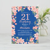 21歳の誕生日ピンクのフローラ花ブルー 招待状 (スタンド正面)