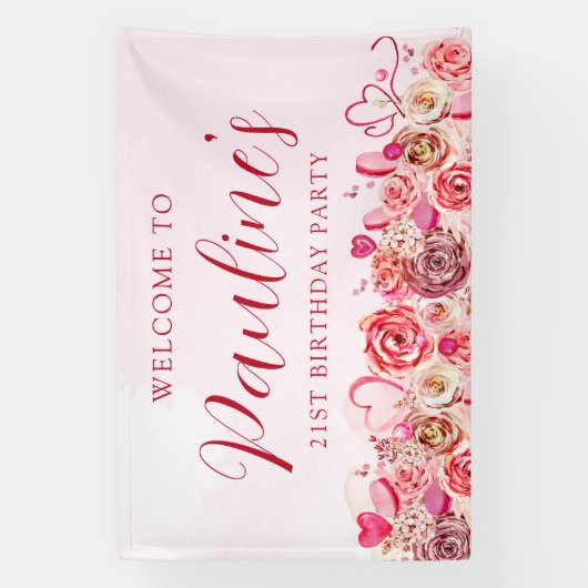21歳の誕生日ピンクのローズ渦巻形のハート歓迎 横断幕 (縦)