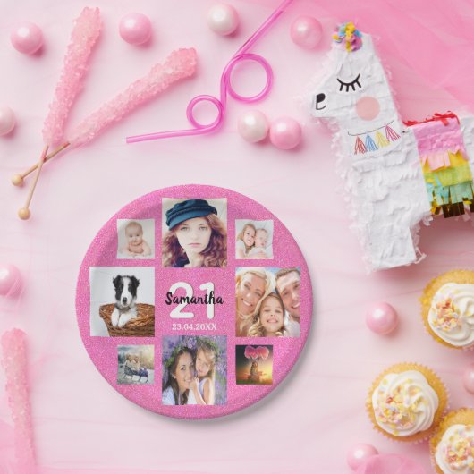 21歳の誕生日ピンクの写真コラージュグリッター ペーパープレート (パーティー)