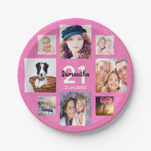 21歳の誕生日ピンクの写真コラージュグリッター ペーパープレート (正面)