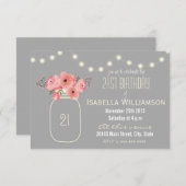 21歳の誕生日ピンクの水の色の花とメイソンジャー 招待状 (正面/裏面)