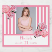 21歳の誕生日ピンクの白いストライプフローラ写真 スパークリングワインラベル (シングルラベル)