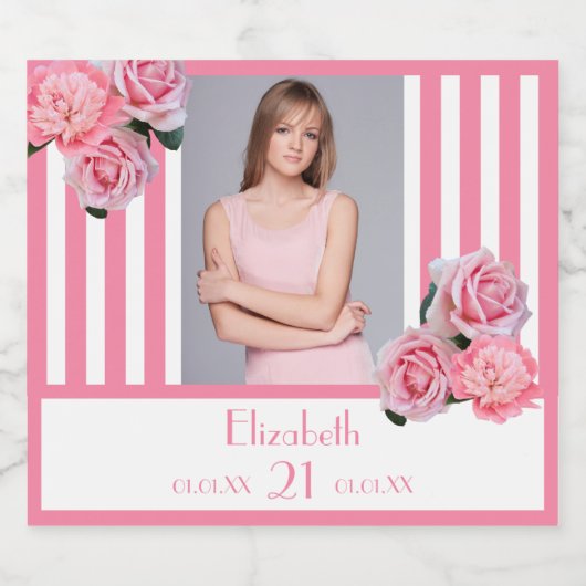 21歳の誕生日ピンクの白いストライプフローラ写真 スパークリングワインラベル (シングルラベル)
