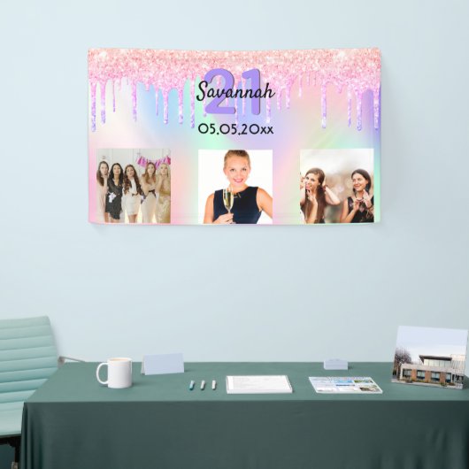 21歳の誕生日ピンクの紫のドリップス写真へようこそ 横断幕 (トレードショー)