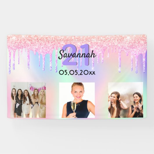 21歳の誕生日ピンクの紫のドリップス写真へようこそ 横断幕 (横)