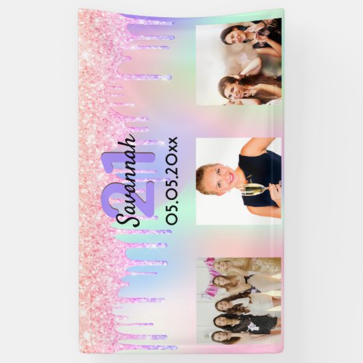 21歳の誕生日ピンクの紫のドリップス写真へようこそ 横断幕 (縦)