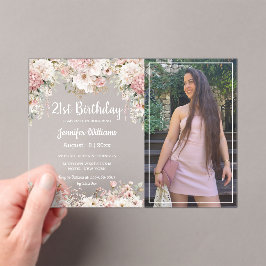 21歳の誕生日ピンクの花の写真パーティー アクリル招待状