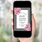 21歳の誕生日ピンクの花模様オン白黒ストライプ 招待状