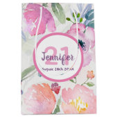 21歳の誕生日ピンクの花模様パステル名 ミディアムペーパーバッグ (正面)
