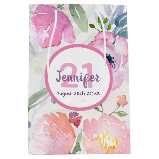 21歳の誕生日ピンクの花模様パステル名 ミディアムペーパーバッグ (正面)