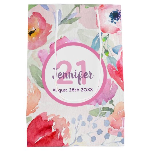 21歳の誕生日ピンクの花模様パステル名 ミディアムペーパーバッグ (裏面)