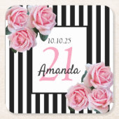 21歳の誕生日ピンクの花模様白黒ストライプ スクエアペーパーコースター (正面)