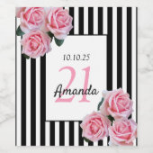 21歳の誕生日ピンクの花模様白黒ストライプ ワインラベル (シングルラベル)