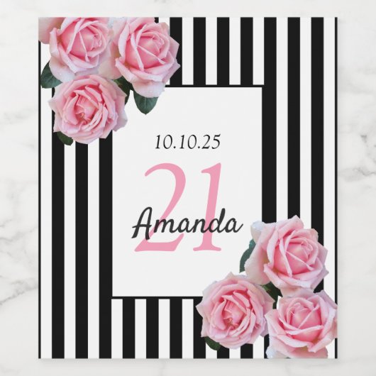 21歳の誕生日ピンクの花模様白黒ストライプ ワインラベル (シングルラベル)