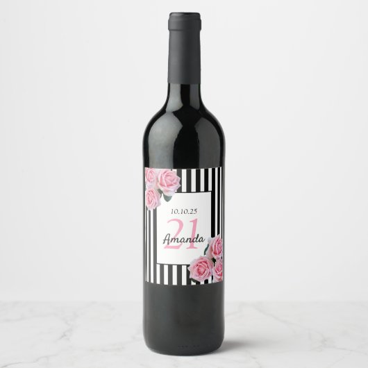 21歳の誕生日ピンクの花模様白黒ストライプ ワインラベル (正面)