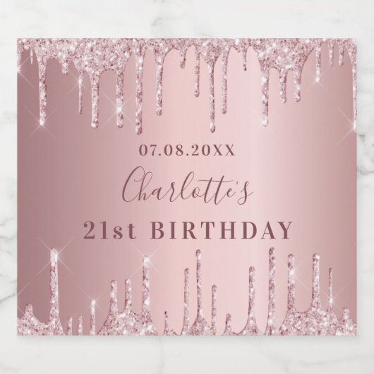 21歳の誕生日ピンクほこりっぽいバラグリッターモノグラム スパークリングワインラベル (シングルラベル)