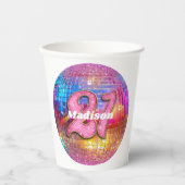21歳の誕生日ピンクグリッターGroovy 70sディスコボール 紙コップ (正面)