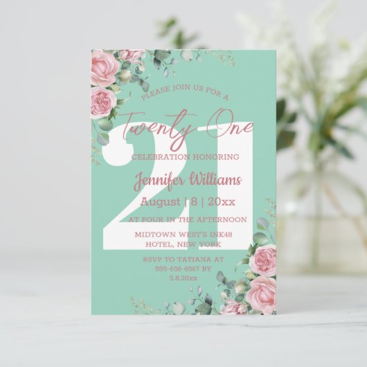 21歳の誕生日ピンクグリーンフローラ モダン 招待状 (スタンド正面)