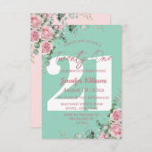 21歳の誕生日ピンクグリーンフローラ モダン 招待状 (正面/裏面)