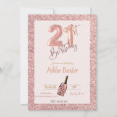 21歳の誕生日ピンクシャンパンゲピンクグリッター 招待状 (正面)