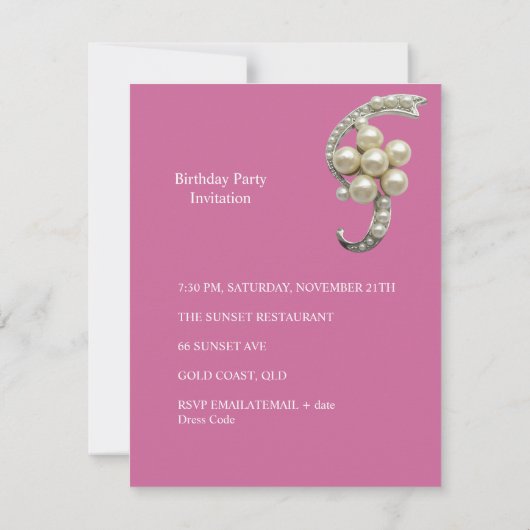 21歳の誕生日ピンクシルクパールジュエルレディーガール 招待状 (裏面)