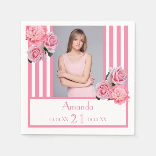 21歳の誕生日ピンクストライプフローラの写真名 スタンダードカクテルナプキン (正面)