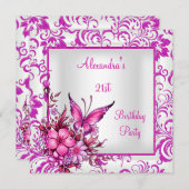 21歳の誕生日ピンクフローラバタフライシルバーホワイト 招待状 (正面/裏面)