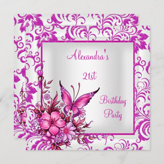 21歳の誕生日ピンクフローラバタフライシルバーホワイト 招待状 (正面/裏面)