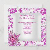 21歳の誕生日ピンクフローラバタフライシルバーホワイト 招待状 (裏面)